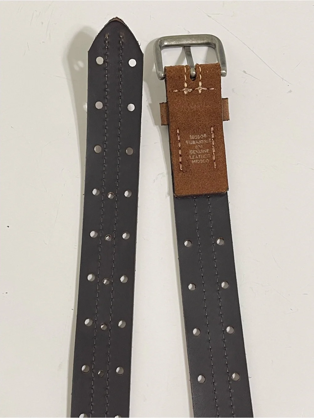 Brown Suede Leather Belt Perforated Contrast Stitching Gun Metal Buckle Youth 27